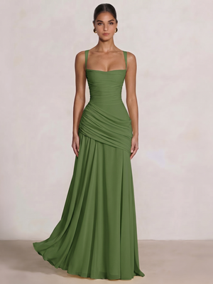 A Line/Princesses Prom Dresses Ruched Chiffon Spaghetti Straps Floor-Length Formal Dress Wedding Guest