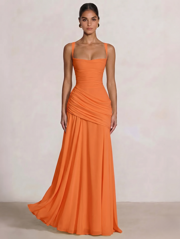 A Line/Princesses Prom Dresses Ruched Chiffon Spaghetti Straps Floor-Length Formal Dress Wedding Guest