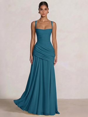 A Line/Princesses Prom Dresses Ruched Chiffon Spaghetti Straps Floor-Length Formal Dress Wedding Guest