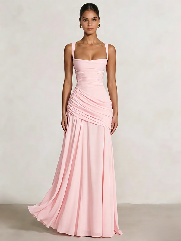 A Line/Princesses Prom Dresses Ruched Chiffon Spaghetti Straps Floor-Length Formal Dress Wedding Guest
