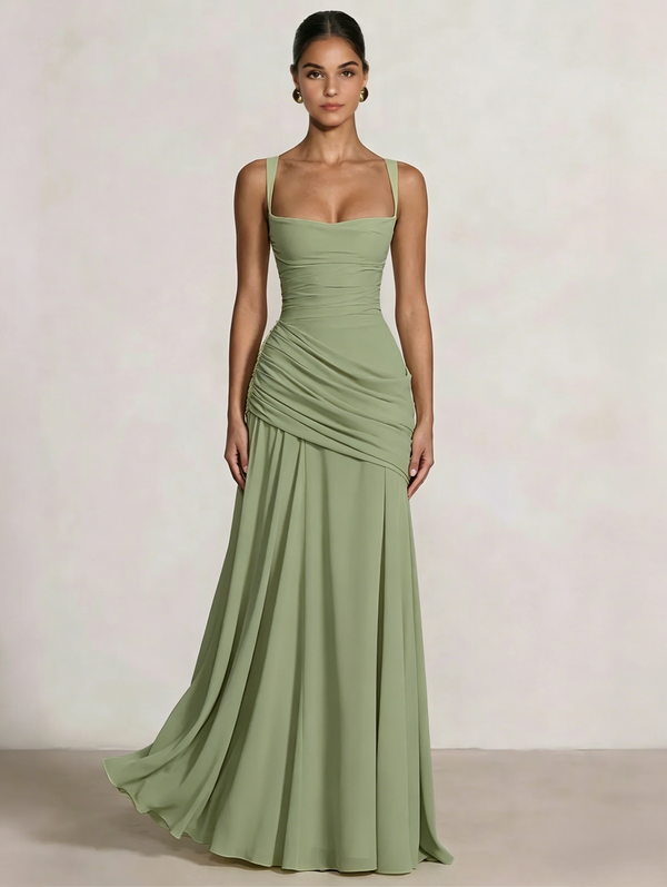 A Line/Princesses Prom Dresses Ruched Chiffon Spaghetti Straps Floor-Length Formal Dress Wedding Guest