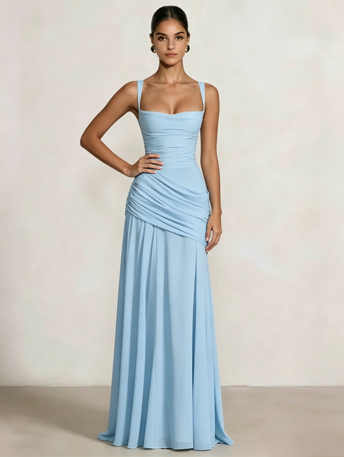 A Line/Princesses Prom Dresses Ruched Chiffon Spaghetti Straps Floor-Length Formal Dress Wedding Guest