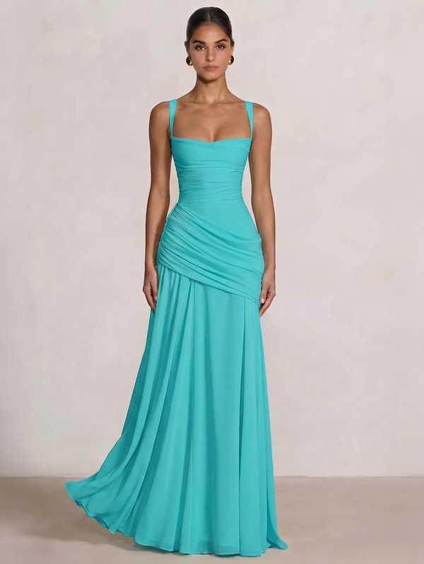 A Line/Princesses Prom Dresses Ruched Chiffon Spaghetti Straps Floor-Length Formal Dress Wedding Guest