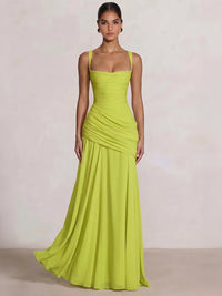 A Line/Princesses Prom Dresses Ruched Chiffon Spaghetti Straps Floor-Length Formal Dress Wedding Guest