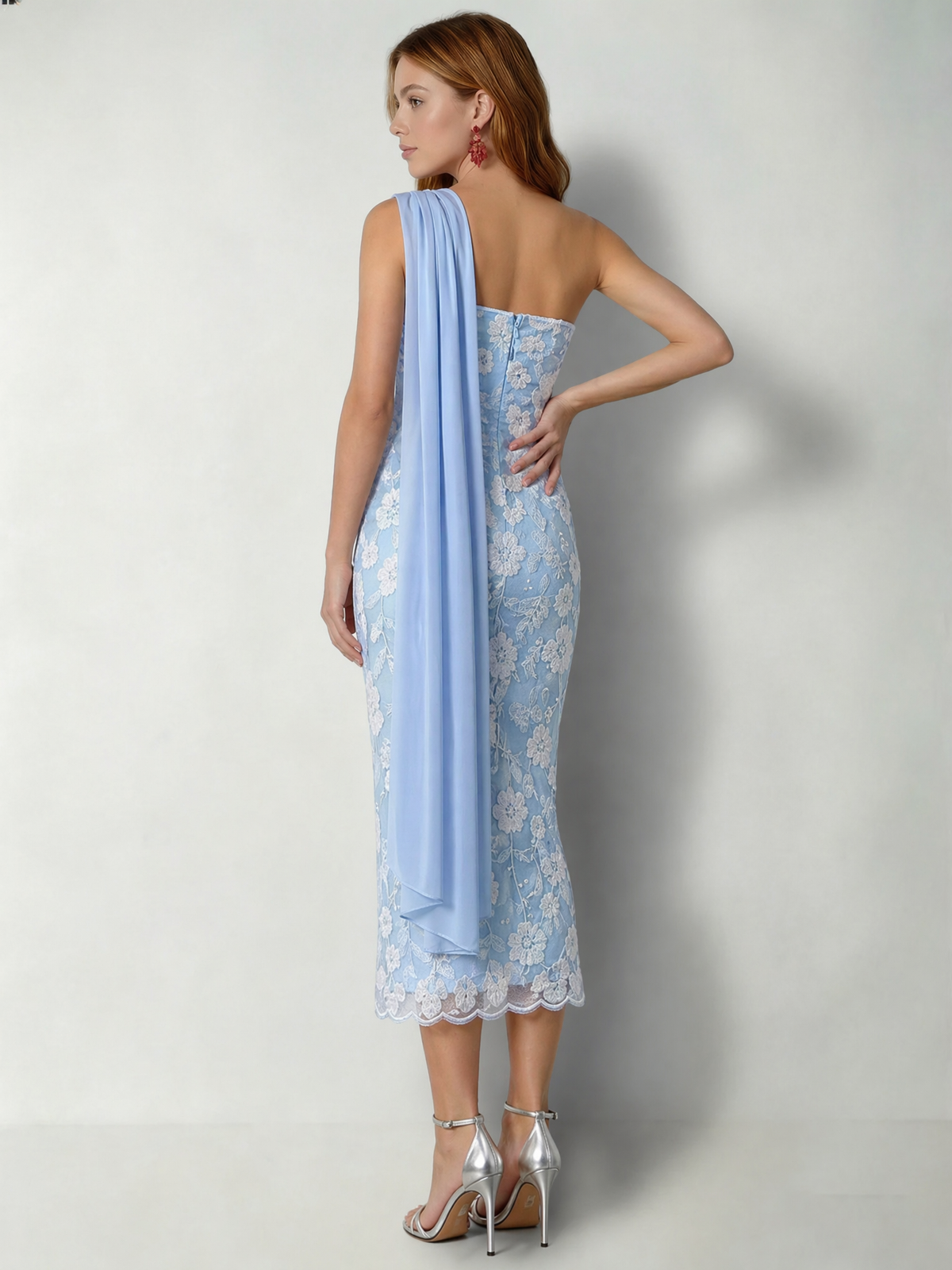 Sheath Cocktail Dress Elegant Floral Embroidery Dress Tea Length One Shoulder Wedding Guest Dress with Pocket Cape