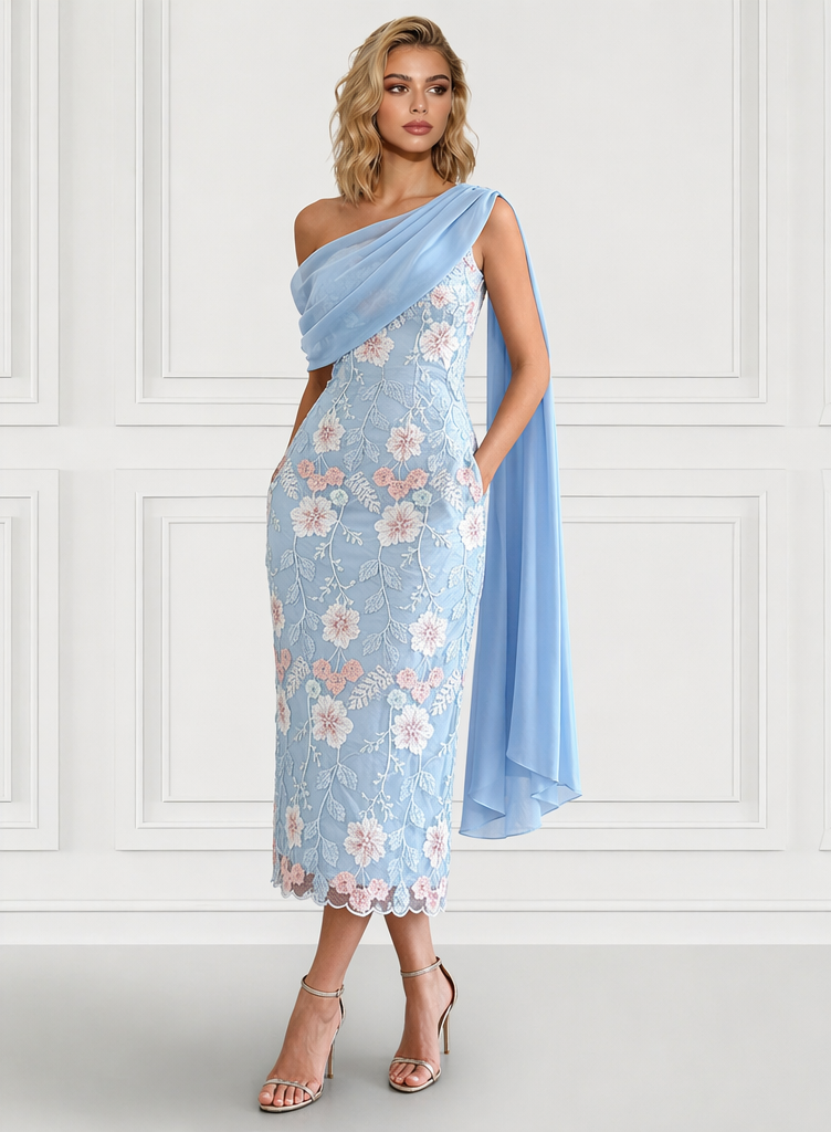 Sheath Cocktail Dress Elegant Floral Embroidery Dress Tea Length One Shoulder Wedding Guest Dress with Pocket Cape