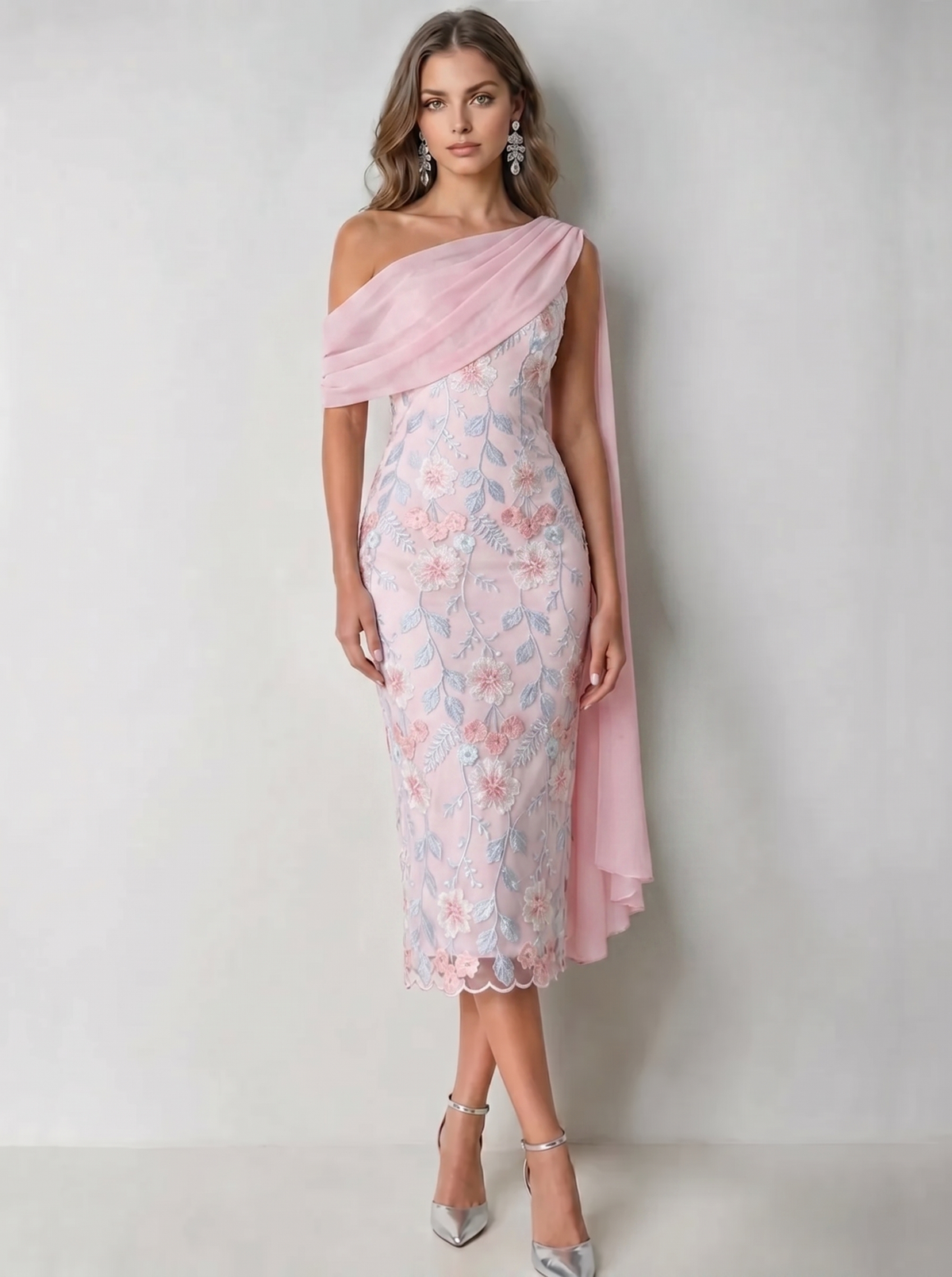Sheath Cocktail Dress Elegant Floral Embroidery Dress Tea Length One Shoulder Wedding Guest Dress with Pocket Cape