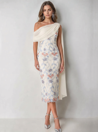 Sheath Cocktail Dress Elegant Floral Embroidery Dress Tea Length One Shoulder Wedding Guest Dress with Pocket Cape