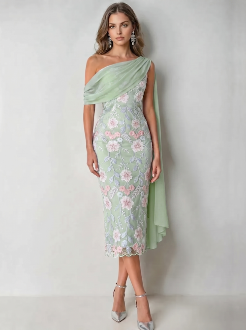 Sheath Cocktail Dress Elegant Floral Embroidery Dress Tea Length One Shoulder Wedding Guest Dress with Pocket Cape