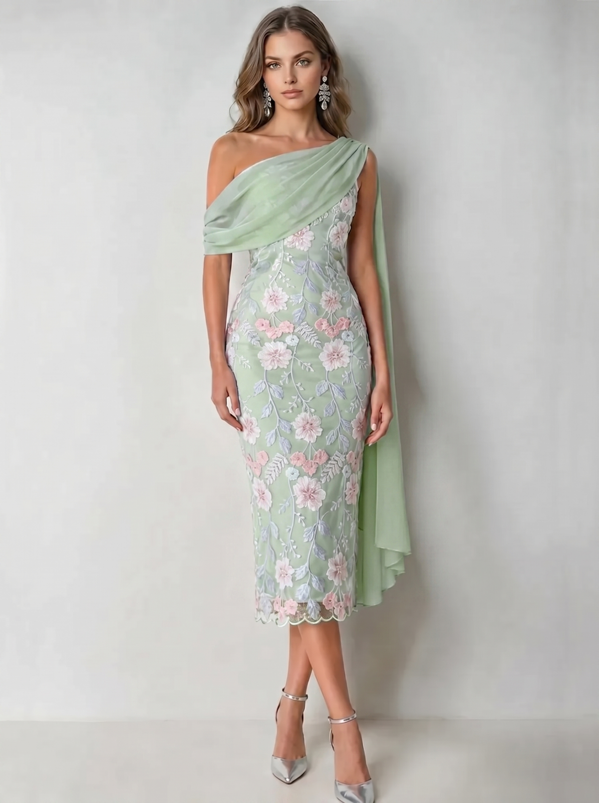 Sheath Cocktail Dress Elegant Floral Embroidery Dress Tea Length One Shoulder Wedding Guest Dress with Pocket Cape