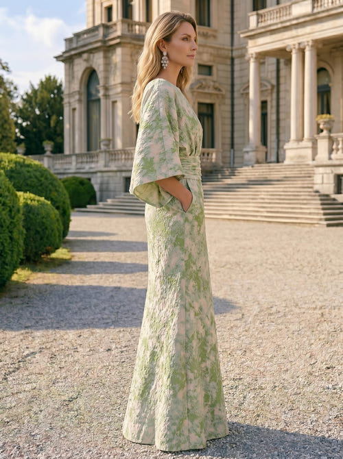 Sheath Mother Of The Bride Dress Elegant Formal Gown Wedding Guest Floor Length Cape Sleeve Pocket Jacquard Dresses