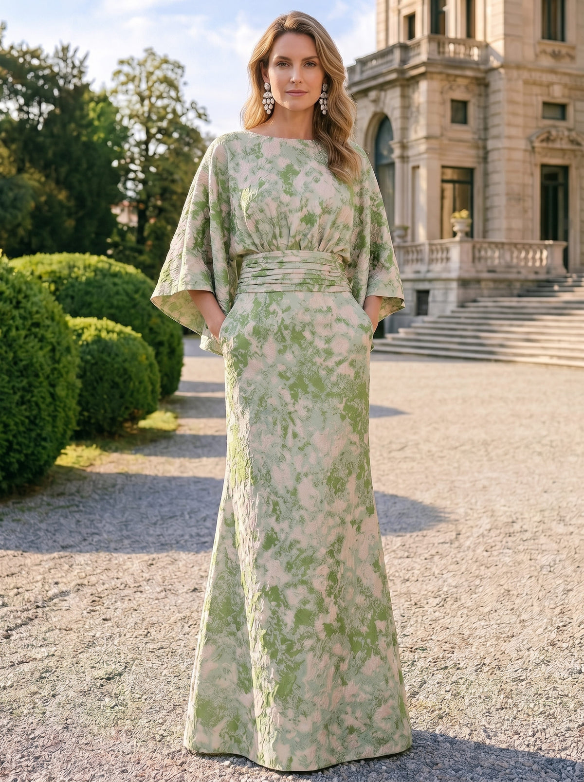 Nafori Light Green Sheath Mother Of The Bride Dress Elegant Formal Gown Wedding Guest Floor Length Sleeve Pocket Jacquard Dresses 2026