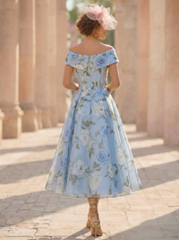 Nafori Blue A-Line Cocktail Dress Elegant Floral Chiffon Dress Off The Shoulder Tea Length Short Sleeves with Pocket Wedding Guest Dress 2026