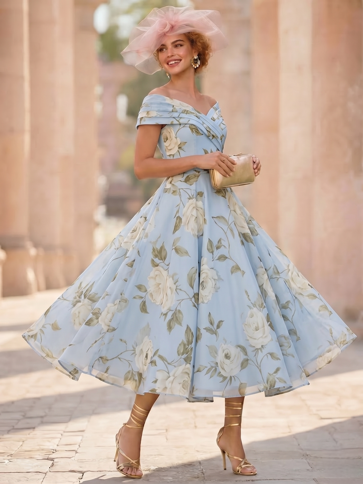 Nafori Blue A-Line Cocktail Dress Elegant Floral Chiffon Dress Off The Shoulder Tea Length Short Sleeves with Pocket Wedding Guest Dress 2026