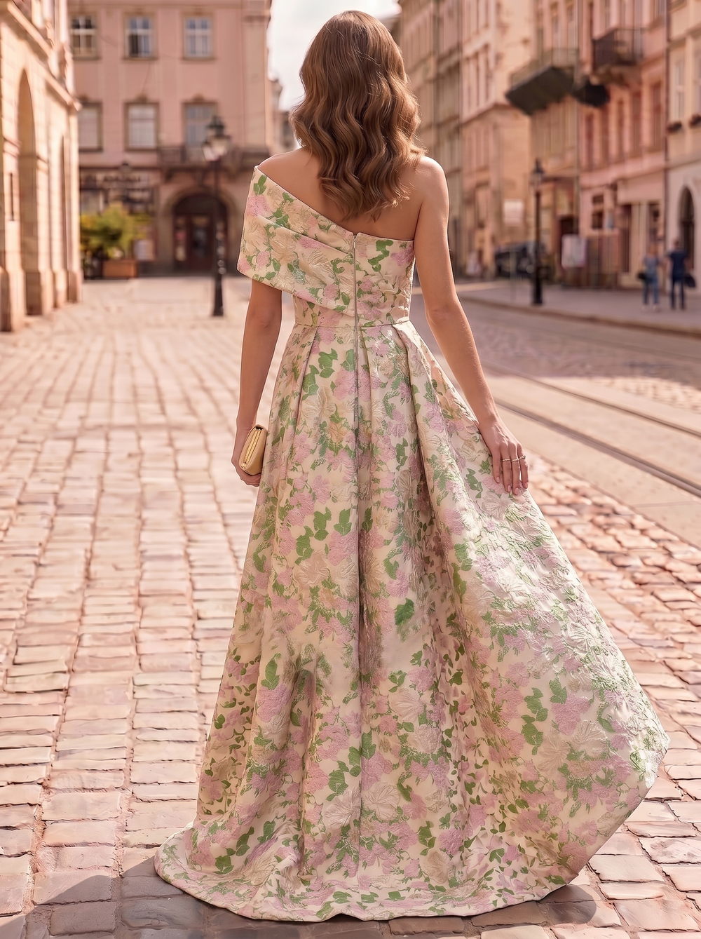 Sheath/Column Evening Dress Jacquard One-Shoulder Sleeveless Ankle-Length Mother Of The Bride Dress With Back Bow Floral Overskirt