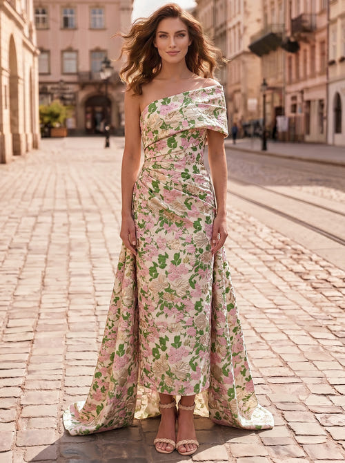 Sheath/Column Evening Dress Jacquard One-Shoulder Sleeveless Ankle-Length Mother Of The Bride Dress With Back Bow Floral Overskirt