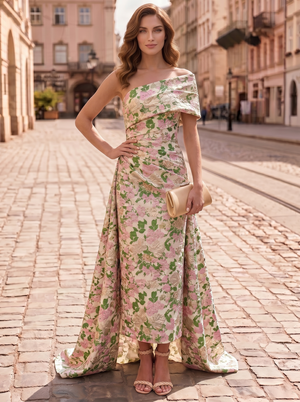 Sheath/Column Evening Dress Jacquard One-Shoulder Sleeveless Ankle-Length Mother Of The Bride Dress With Back Bow Floral Overskirt