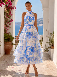 A-Line/Princess Cocktail Dresses Evening Dresses Printed Chiffon Tiered Ruffles Halter Ankle-Length Sleeveless Wedding Guest Dresses