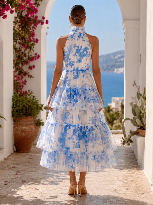 A-Line/Princess Cocktail Dresses Evening Dresses Printed Chiffon Tiered Ruffles Halter Ankle-Length Wedding Guest Dresses