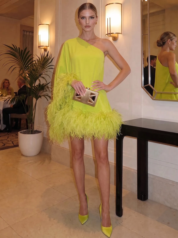 Sheath/Column Chiffon Evening Formal Dresses One Shoulder Mini-Length With Feather Fur Formal Party Dress