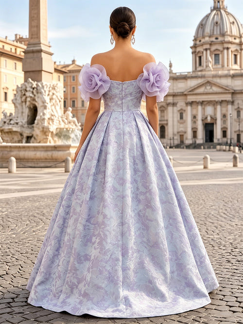 Ball Gown Elegant Evening Dresses Prom Dresses Printed Satin Short Sleeves With Flowers Floor-Length Sweetheart Ruched Pleats Zipper Wedding Guest