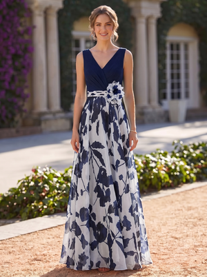 A Line/Princess Evening Dresses V Neck Sleevesless Floor Length Floral Prints With Flower Ruched Mother of the Bride Dresses