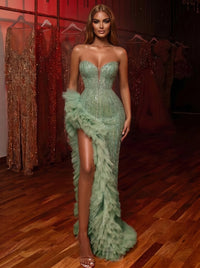 Sheath Evening Dresses Ruffles Sequin Party Dress Strapless High Low Black Tie Formal Dress