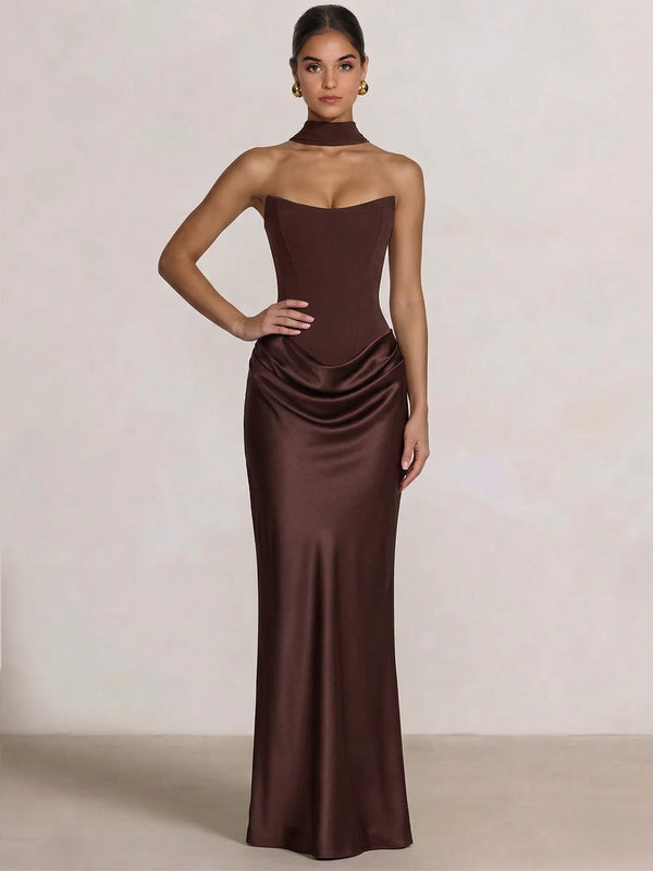 Sheath Column Wedding Guest Dresses Long Prom Corset Ruched Dress Floor-Length Long Satin Evening Dress With Detachable Scarf