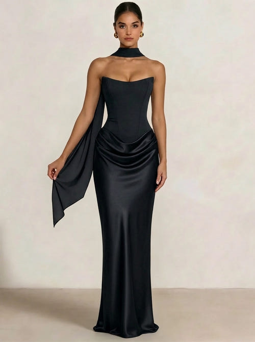 Sheath Column Wedding Guest Dresses Long Prom Corset Ruched Dress Floor-Length Long Satin Evening Dress With Scarf