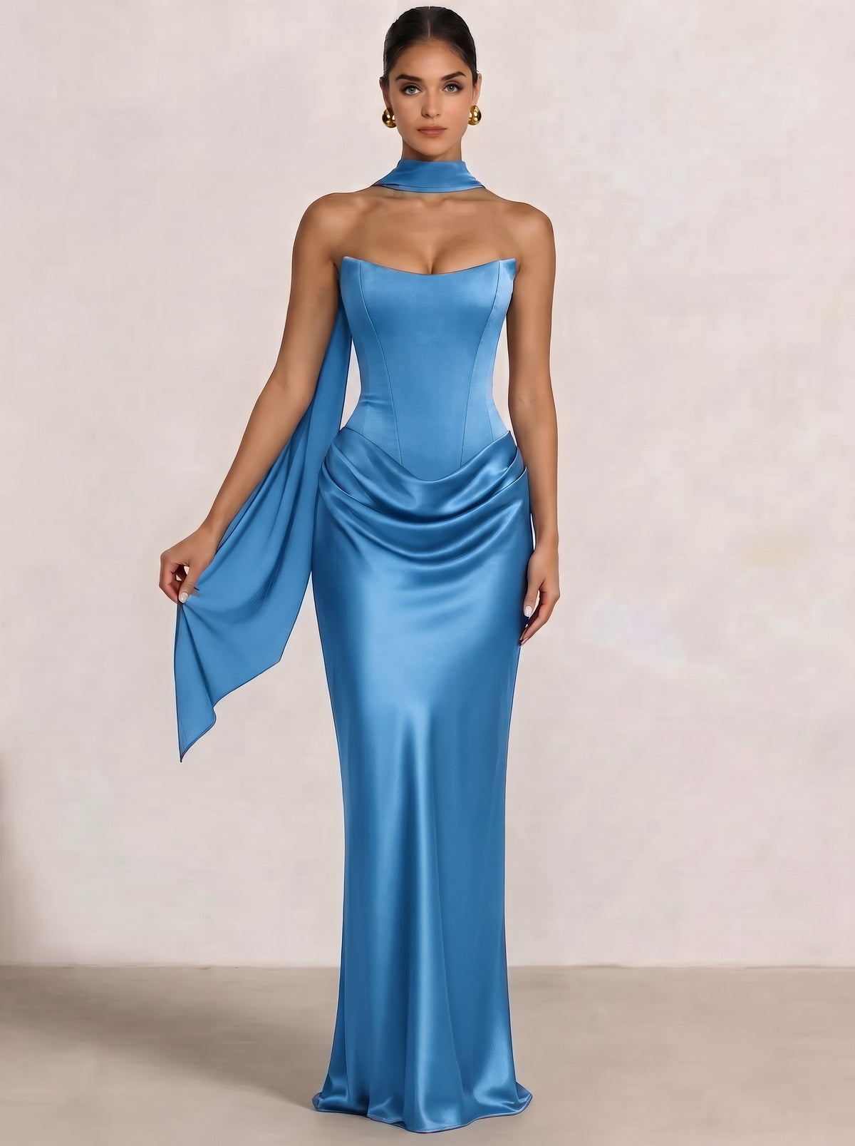 Sheath Column Wedding Guest Dresses Long Prom Corset Ruched Dress Floor-Length Long Satin Evening Dress With Detachable Scarf