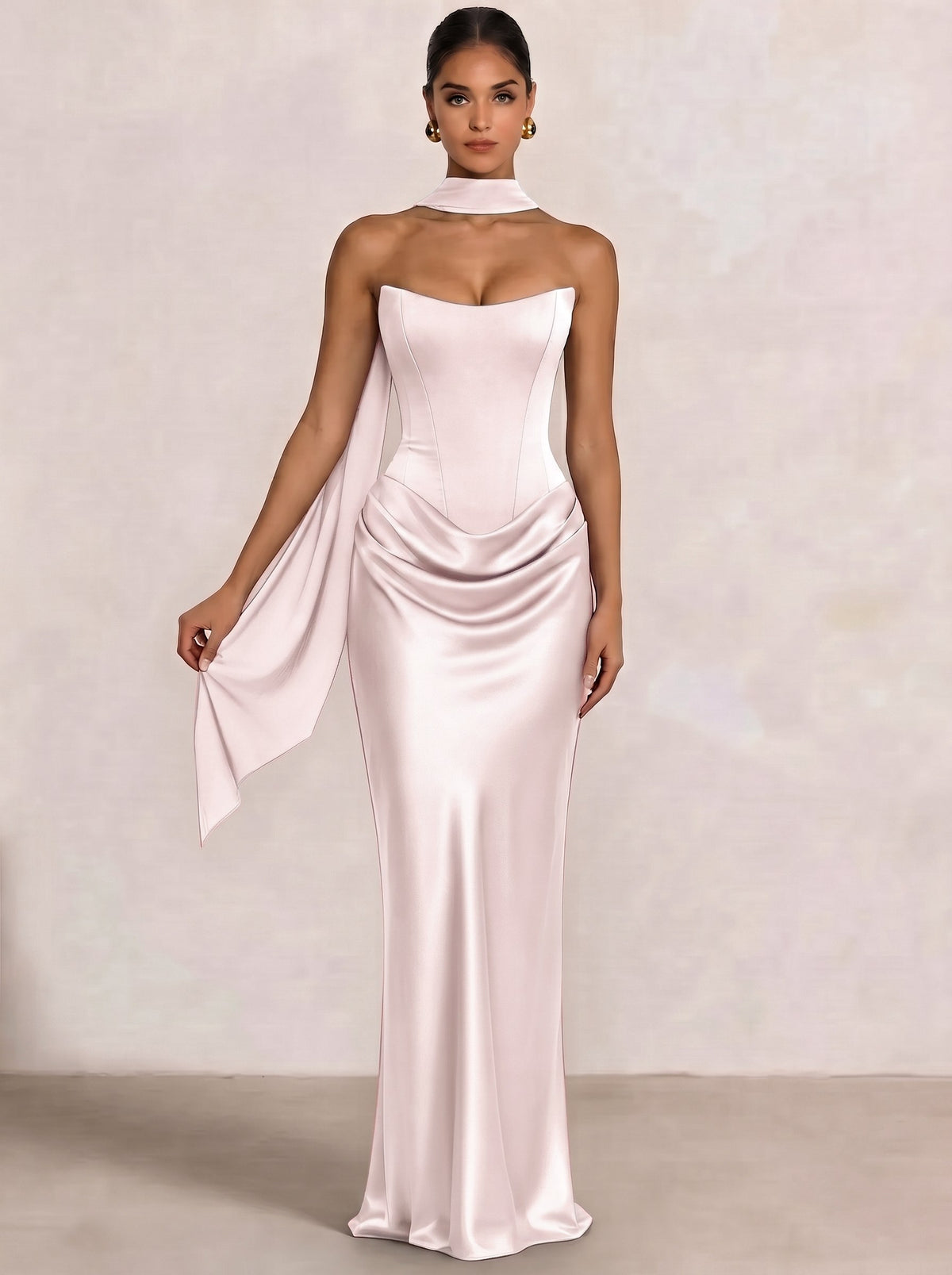 Sheath Column Wedding Guest Dresses Long Prom Corset Ruched Dress Floor-Length Long Satin Evening Dress With Detachable Scarf