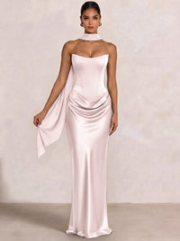 Sheath Column Wedding Guest Dresses Long Prom Corset Ruched Dress Floor-Length Long Satin Evening Dress With Detachable Scarf