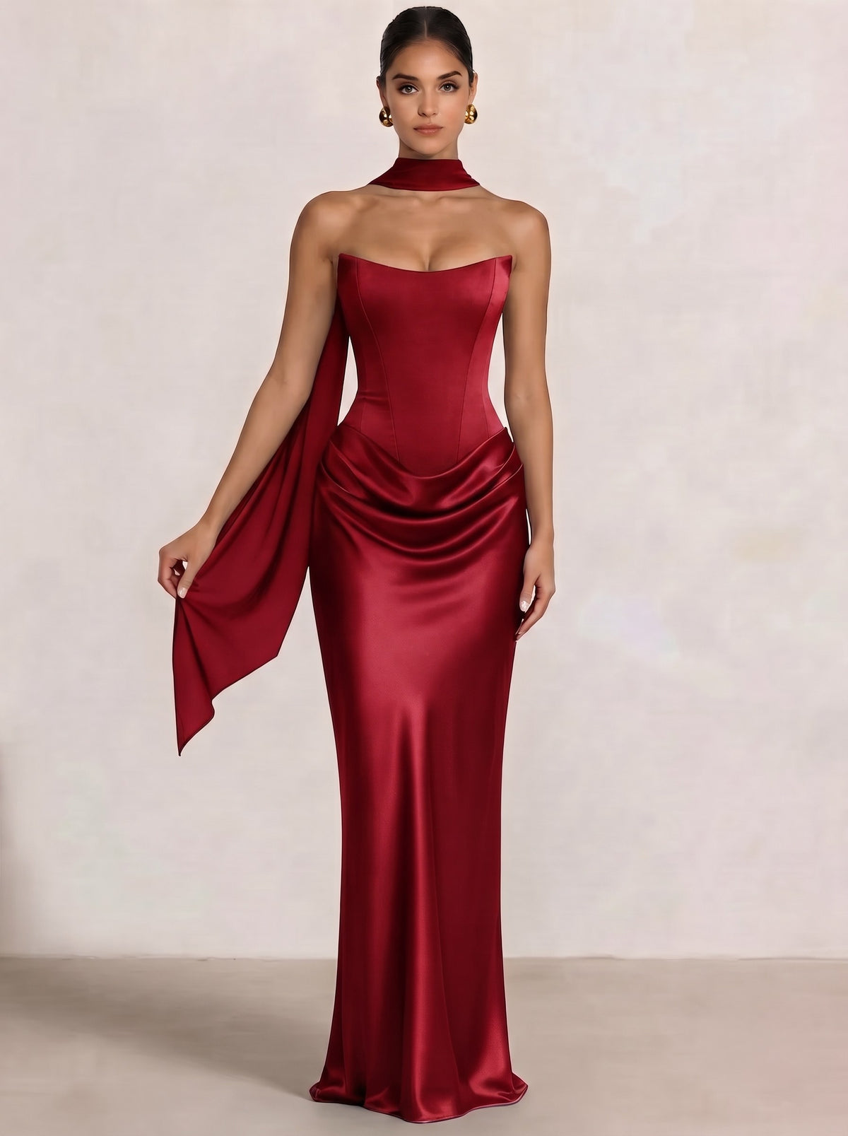 Nafori Red Sheath Column Wedding Guest Dresses Long Prom Corset Ruched Dress Floor-Length Long Satin Evening Dress With Detachable Scarf 2026