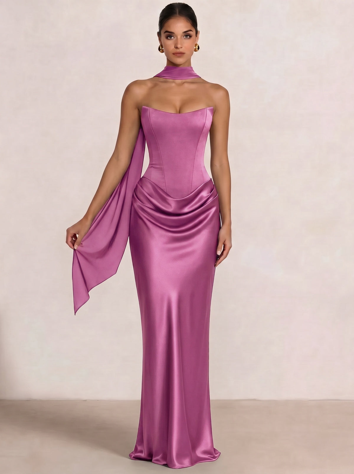 Nafori Dusty Rose Sheath Column Wedding Guest Dresses Long Prom Corset Ruched Dress Floor-Length Long Satin Evening Dress With Detachable Scarf 2026