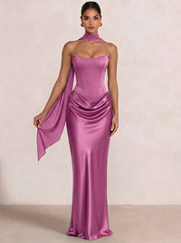 Sheath Column Wedding Guest Dresses Long Prom Corset Ruched Dress Floor-Length Long Satin Evening Dress With Detachable Scarf