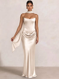 Sheath Column Wedding Guest Dresses Long Prom Corset Ruched Dress Floor-Length Long Satin Evening Dress With Detachable Scarf