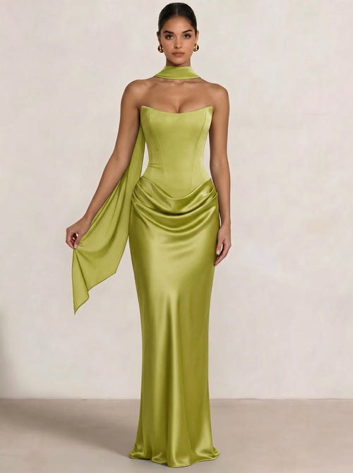 Sheath Column Wedding Guest Dresses Long Prom Corset Ruched Dress Floor-Length Long Satin Evening Dress With Detachable Scarf
