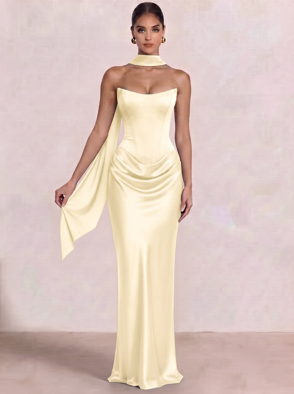 Sheath Column Wedding Guest Dresses Long Prom Corset Ruched Dress Floor-Length Long Satin Evening Dress With Detachable Scarf