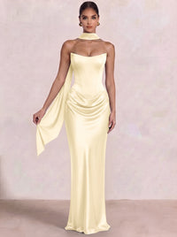 Sheath Column Wedding Guest Dresses Long Prom Corset Ruched Dress Floor-Length Long Satin Evening Dress With Detachable Scarf