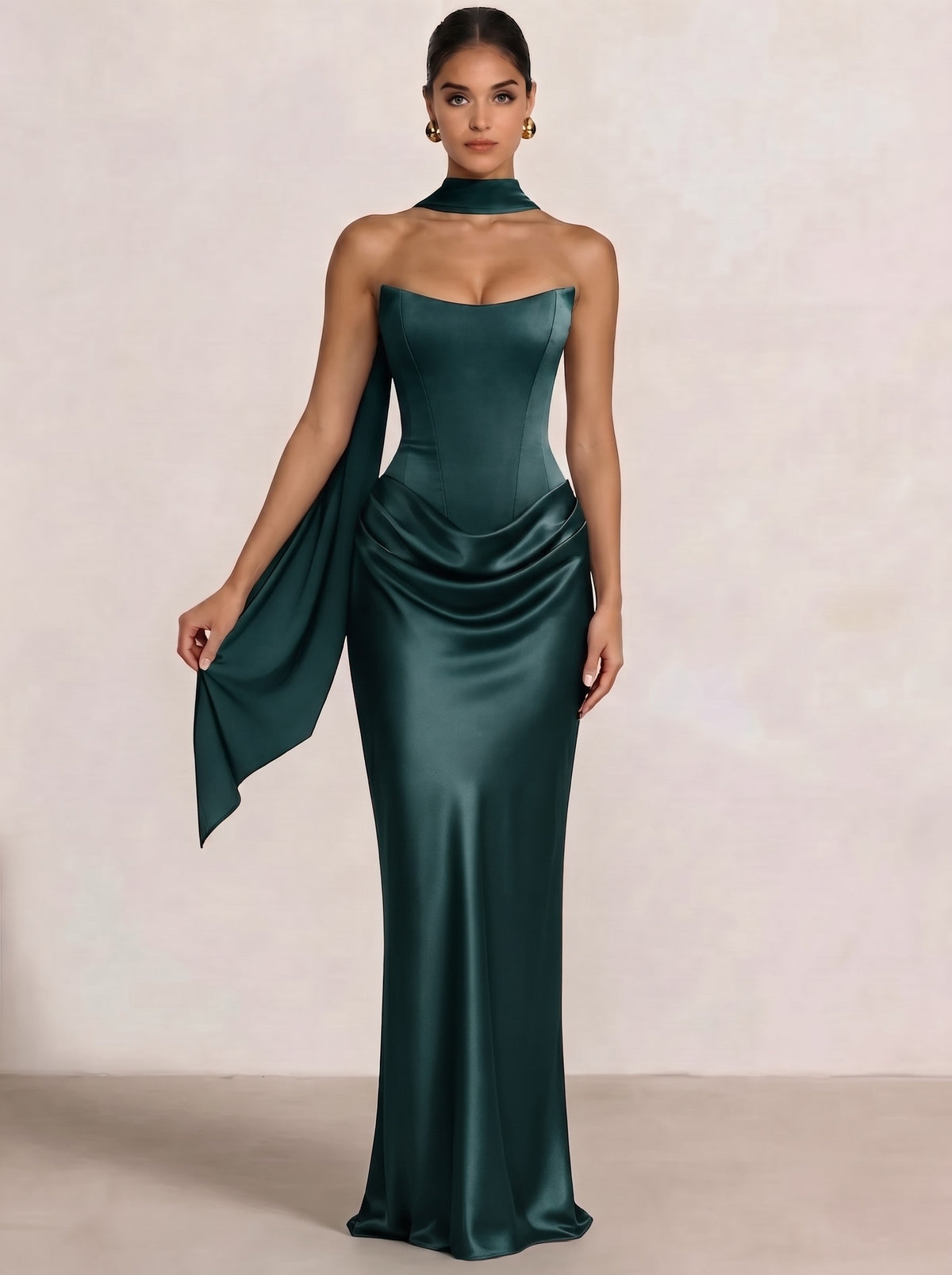 Sheath Column Wedding Guest Dresses Long Prom Corset Ruched Dress Floor-Length Long Satin Evening Dress With Detachable Scarf