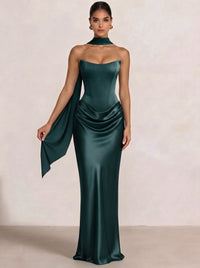 Sheath Column Wedding Guest Dresses Long Prom Corset Ruched Dress Floor-Length Long Satin Evening Dress With Detachable Scarf