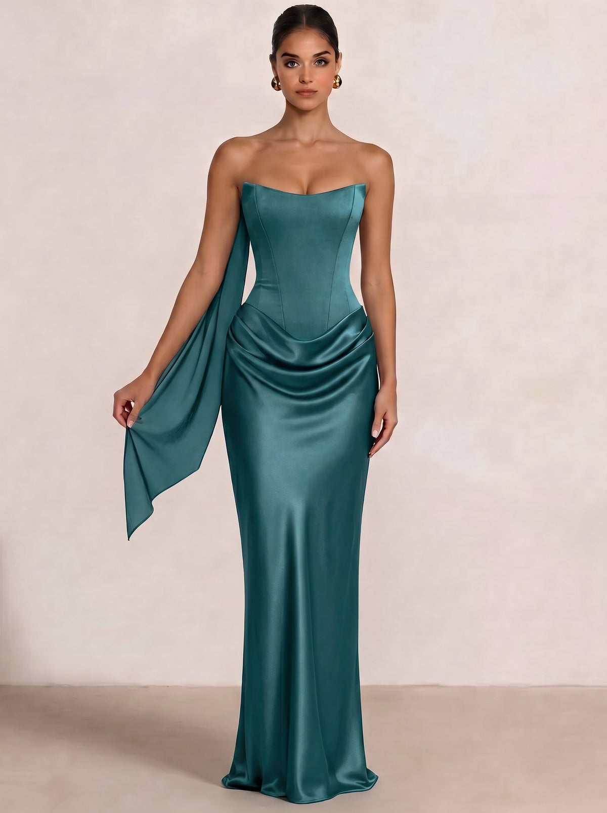 Sheath Column Wedding Guest Dresses Long Prom Corset Ruched Dress Floor-Length Long Satin Evening Dress With Detachable Scarf