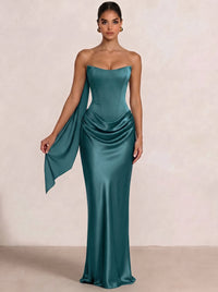 Sheath Column Wedding Guest Dresses Long Prom Corset Ruched Dress Floor-Length Long Satin Evening Dress With Detachable Scarf