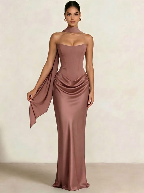 Sheath Column Wedding Guest Dresses Long Prom Corset Ruched Dress Floor-Length Long Satin Evening Dress With Scarf