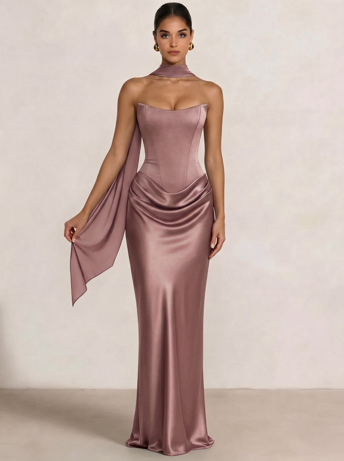 Nafori Dusty Rose Sheath Column Wedding Guest Dresses Long Prom Corset Ruched Dress Floor-Length Long Satin Evening Dress With Detachable Scarf 2026