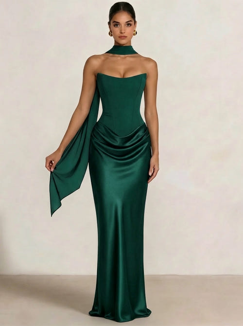 Sheath Column Wedding Guest Dresses Long Prom Corset Ruched Dress Floor-Length Long Satin Evening Dress With Scarf