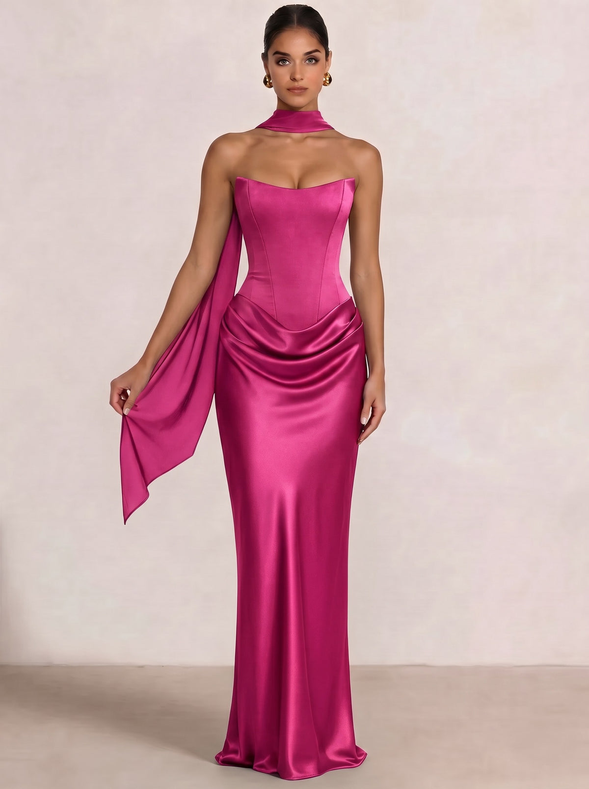Sheath Column Wedding Guest Dresses Long Prom Corset Ruched Dress Floor-Length Long Satin Evening Dress With Detachable Scarf