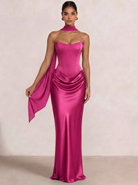 Sheath Column Wedding Guest Dresses Long Prom Corset Ruched Dress Floor-Length Long Satin Evening Dress With Detachable Scarf