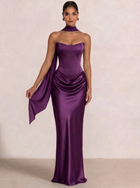 Sheath Column Wedding Guest Dresses Long Prom Corset Ruched Dress Floor-Length Long Satin Evening Dress With Detachable Scarf