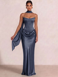 Sheath Column Wedding Guest Dresses Long Prom Corset Ruched Dress Floor-Length Long Satin Evening Dress With Detachable Scarf